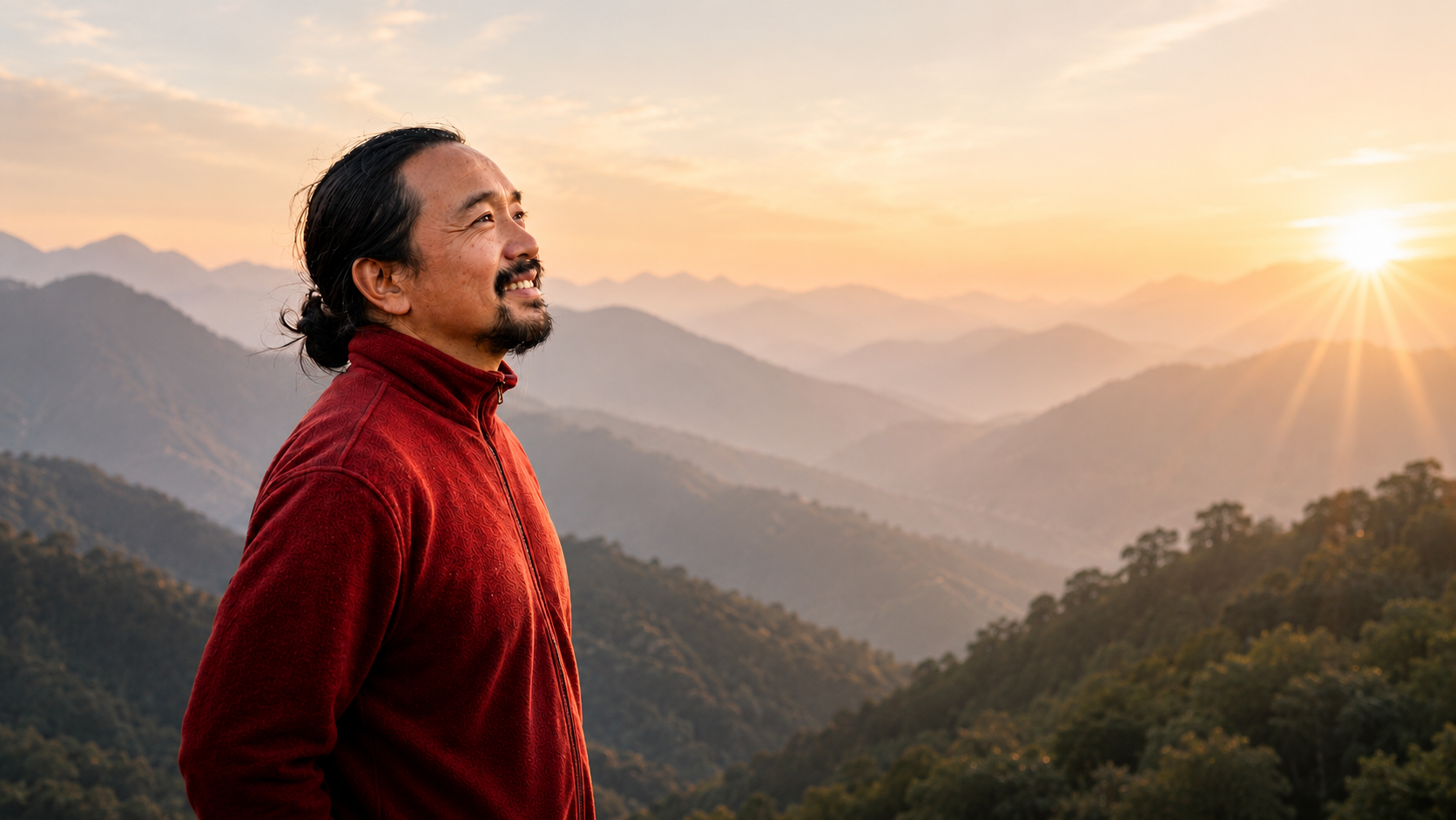 Chogyal Rinpoche overlooking mountains at sunrise
